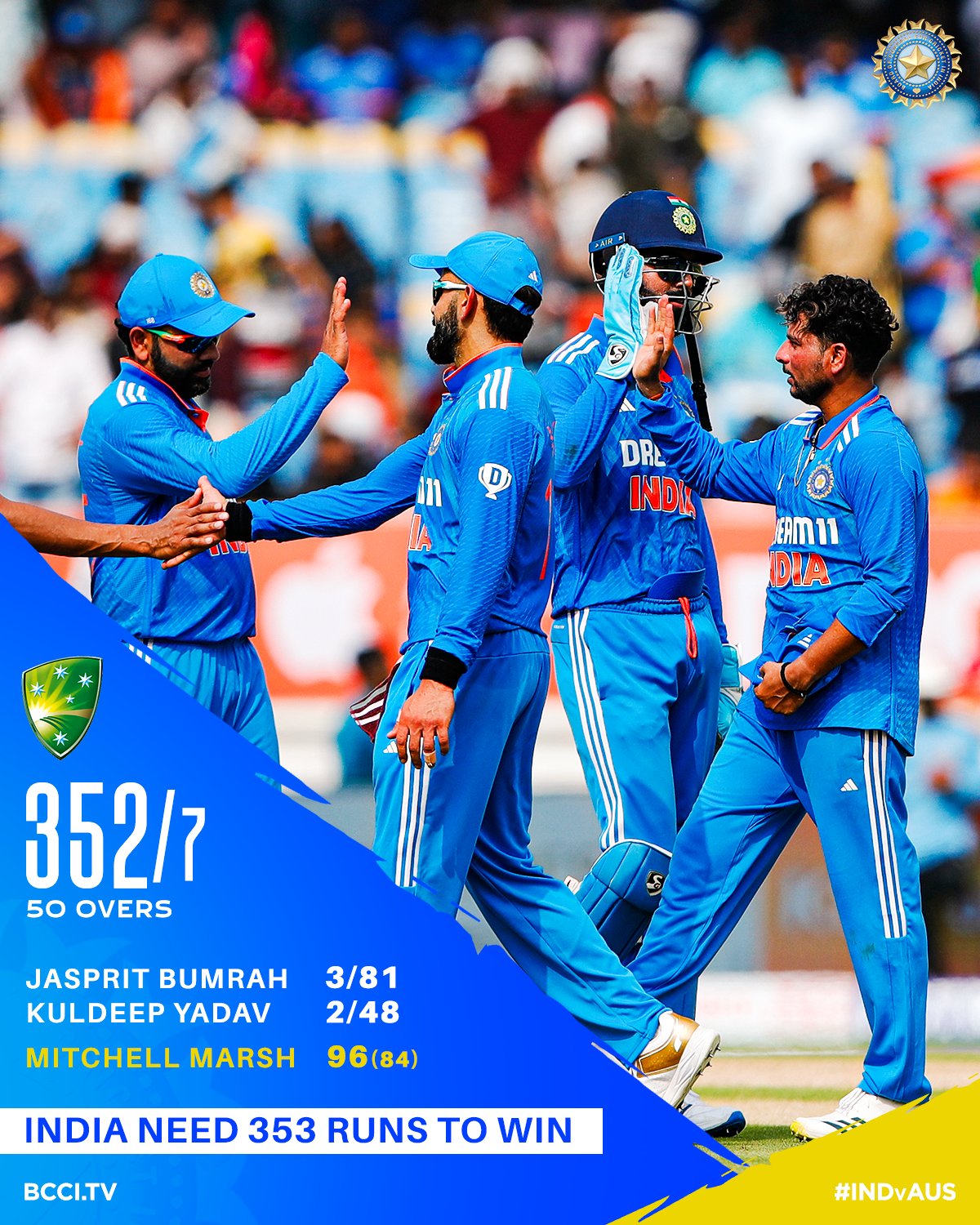 राजकोट वनडे: भारत को 'क्लीन स्वीप' के लिए ऑस्ट्रेलिया ने दी 353 रन की चुनौती