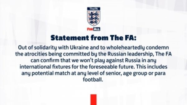 एफए' ने यूक्रेन हमले की निंदा करते हुए कहा, भविष्य में अंतरराष्ट्रीय मैच रूस के साथ नहीं खेलेंगे