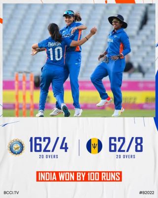 भारतीय महिला क्रिकेट टीम कॉमनवेल्थ खेलों के सेमीफ़ाइनल में, बारबाडोस को 100 रनों से हराया