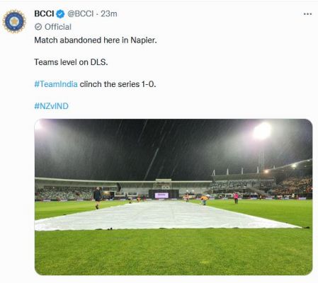 भारत- न्यूज़ीलैंड मैच बारिश की वजह से रद्द, भारत ने सिरीज़ 1-0 से अपने नाम की