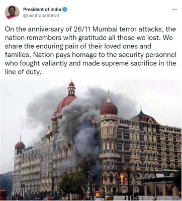 राष्ट्रपति मुर्मू व लोकसभा अध्यक्ष बिरला ने मुंबई आतंकी हमले के शहीदों को किया नमन