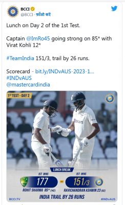 #INDvAUS का दूसरा दिन: भारत तीन विकेट खोकर 151 पर, रोहित शर्मा शतक के करीब