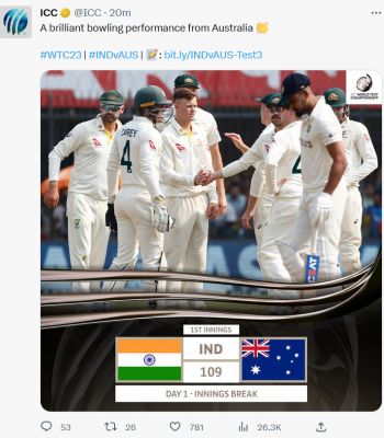 भारत बनाम ऑस्ट्रेलिया: पहली पारी में टीम इंडिया 109 रन बनाकर ऑल आउट