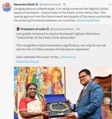 पीएम मोदी ने राष्ट्रपति मुर्मू को सूरीनाम का सर्वोच्च नागरिक सम्मान मिलने पर दी बधाई
