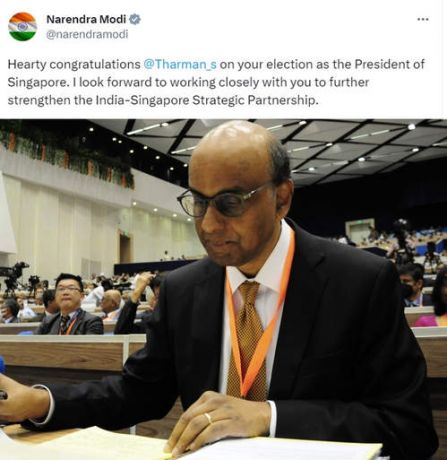 पीएम मोदी ने सिंगापुर का राष्ट्रपति चुने जाने पर थर्मन शनमुगरत्नम को बधाई दी