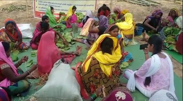 परसा कोल खदान के विरोध में बैठे ग्रामीण धरना स्थल पर तेंदूपत्ता की गड्डी बना जा रहे फड़ों में बेचने